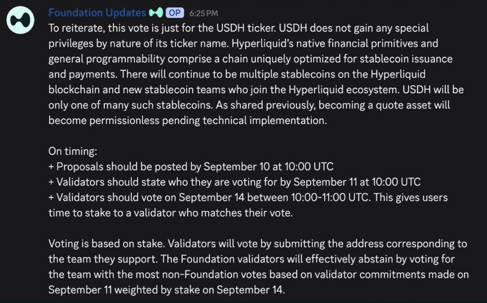 Hyperliquid outlines rules and schedule for the USDH validator vote. Source: Discord